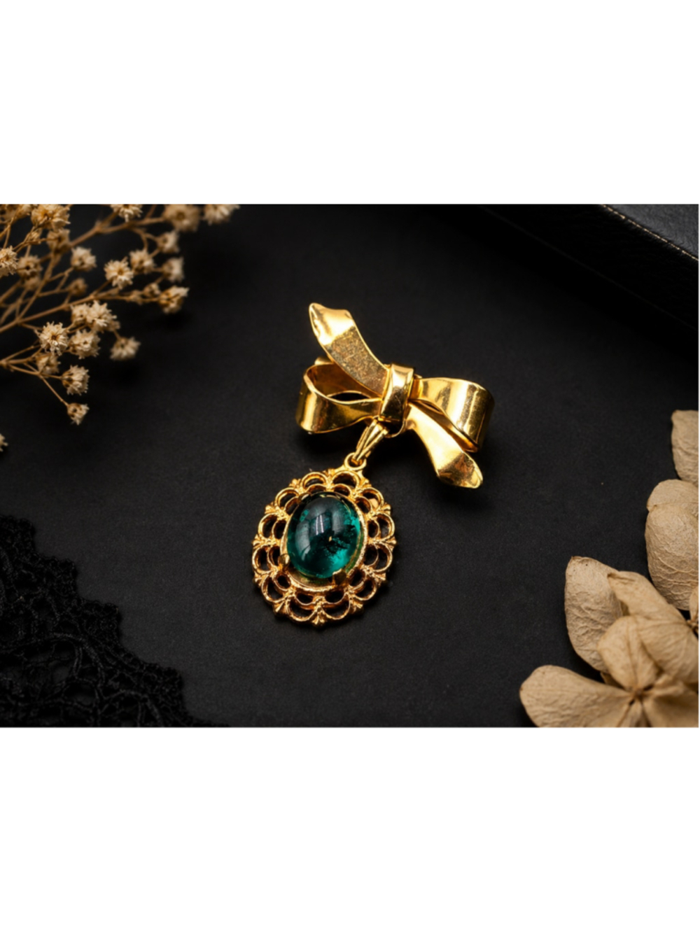Vintage Gold Tone Bow Brooch with Emerald Green Glass Cabochon Dangle